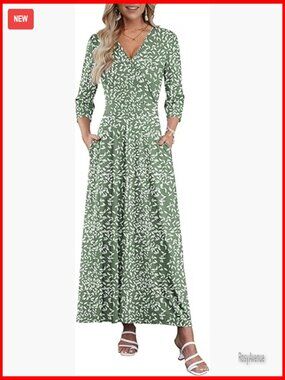 Maxi Dress 3/4 Sleeve V Neck Wrap Casual Floral Long Dresses with Pockets